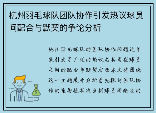 杭州羽毛球队团队协作引发热议球员间配合与默契的争论分析